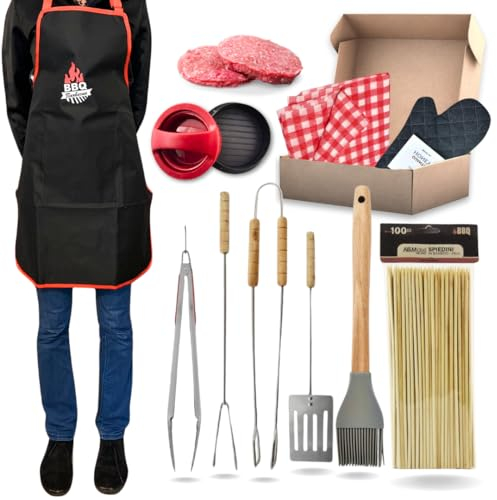 Barbecue Kit - Moule Hamburger + Pince 38 cm + Pince + Fourchette + Pelle 40 cm + Tablier BBQ + Pinceau Silicone 30 cm + Nappe Pique-Nique 137 x 180 cm + Brochettes 25 cm + Gant Offert