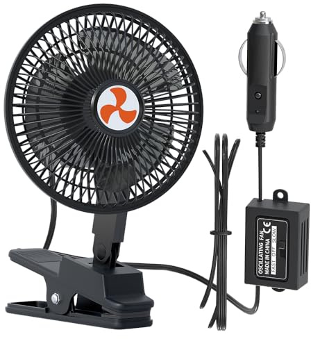 AOWEITOUR Ventola di raffreddamento ad aria, 15,2 cm, 12 V, con clip e presa accendisigari, ventilatore portatile silenzioso, girevole a 360°, ventola da 12 Volt per semi camion, auto, camper, golf