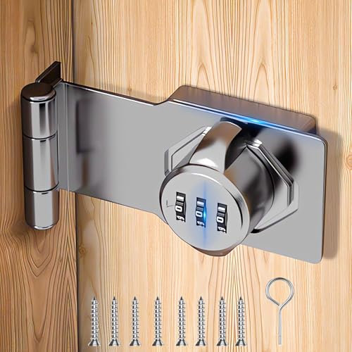 Plowatxi Bifold Türschloss, 3-stellig, 90 °, schlüssellos, Schrankschloss, Schrankschloss, Schrankschloss, Doppeltür, Schrankschloss, Haspenschloss für Scheunentür, Outdoor, 1 Stück, Silber