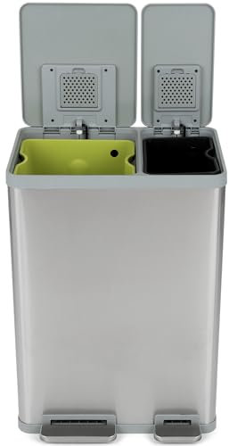 Simpli-Magic 60 Liter / 16 Gallon Rectangular Hands-Free Dual Compartment Recycling Kitchen Step Trash Can with Soft-Close Lid, Brushed Stainless Steel (38L x 22L Capacity)