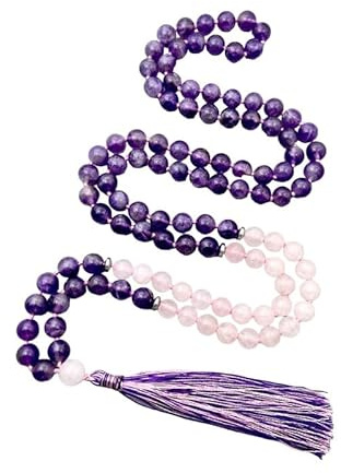 INFINITY GEMS Natural AAA Amethyst & Rose Quartz 108 Beads Mala Necklace 8mm Knotted Grounding Healing Tassel Spiritual Protection Meditation Mental Health Japa Mala