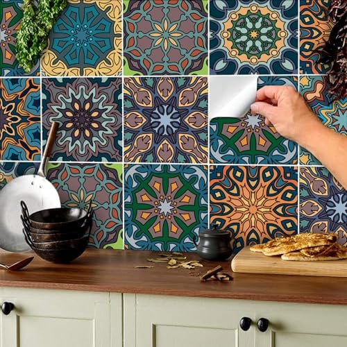 TOARTI 18 Stück Bunt Fliesenaufkleber,Mosaik Küche Wandfliese Aufkleber,Marokkanischer Fliesenfolie Badezimmer,Treppenaufkleber Wandfliese Aufkleber,Wasserdicht Selbstklebende Fliesensticker,15×15CM