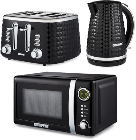 Geepas Electric Kettle 4 Slice Bread Toaster & Microwave Kitchen Set | 1.7L Textured Cordless Kettle 2200W | 4 Slice Toaster with 7 Level Browning Control | 700W Digital Microwave 20L, Black