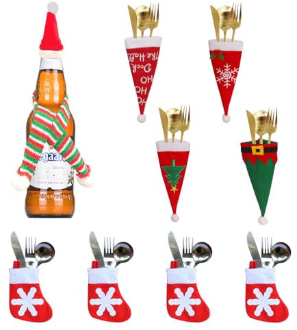 KASESSS 10 Pièces Decoration Table Noel Set, Sac à Couverts Noël, Sacs pour Bouteilles de Vin de Noël, Bonnet de Père Noël, Bas de Noël, Mini-Foulard, Sac de Vaisselle pour Noël Maison Fête Décoration