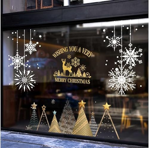 Caiery Colorido árbol de Navidad para ventanas grandes, DIY, copo de nieve, pegatinas de cristal, escaparates navideños, fantásticos adhesivos estáticos de PVC