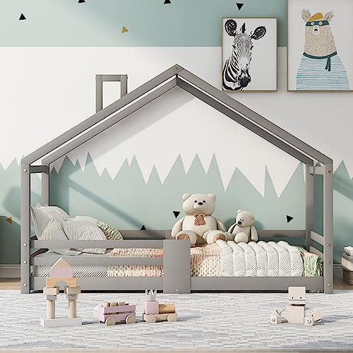 BNUZ Kinderbett Hausbett mit Schornstein Rausfallschutz Robuste Lattenroste Kiefernholz Haus Bett for Kids, 90 x 200 cm ohne Matratze (Grau)