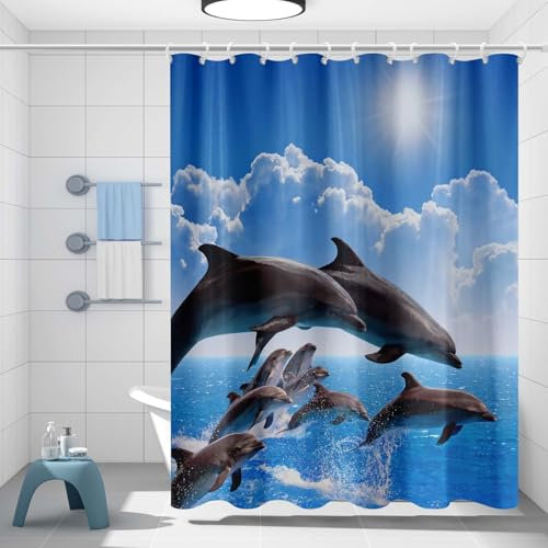 Rideau de Douche Tissu,Rideau de Douche en Tissu imprimé Hydrofuge 180x200cm,Rideau de Douche Anti Moisissure,Rideau de Douche Polyester Lavable en Machine,avec 12 Anneaux (Dauphin)
