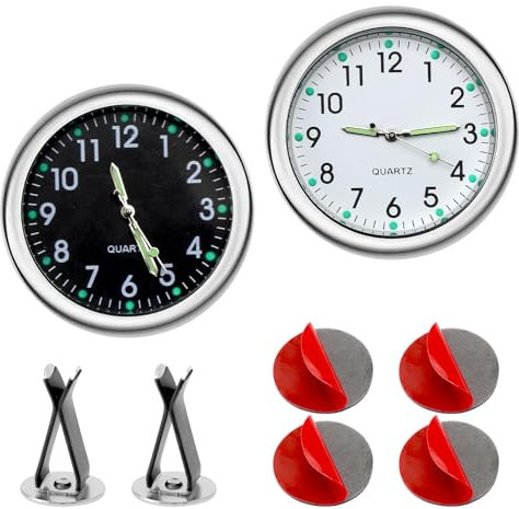 2 mini orologio per auto, autoadesivo, luminoso, mini orologio analogico al quarzo, orologio da cruscotto, con adesivo biadesivo e clip di ventilazione, adatto per la decorazione dell'auto