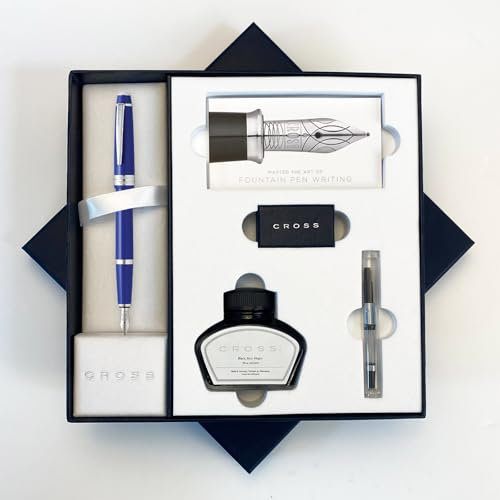 AT Cross Bailey Light Fountain Pen Luxury Gift Boxed - Choose Nib Width and Colour (Blue Fountain Pen Set, Medium Nib)