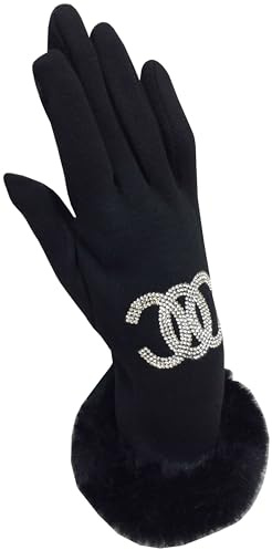K-Milano Damen Handschuhe warm gefüttert mit Fell und Straß, Touchscreen
