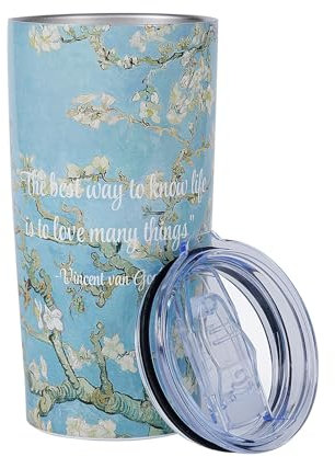 1st Heaven Van Gogh Thermobecher 600ml – Auslaufsicherer Kaffee Tumbler mit Deckel, isolierter Edelstahlbecher, Kunstmotiv, Geschenk für Kunstliebhaber, ideal für Büro, Reise (Blühender Mandelbaum)