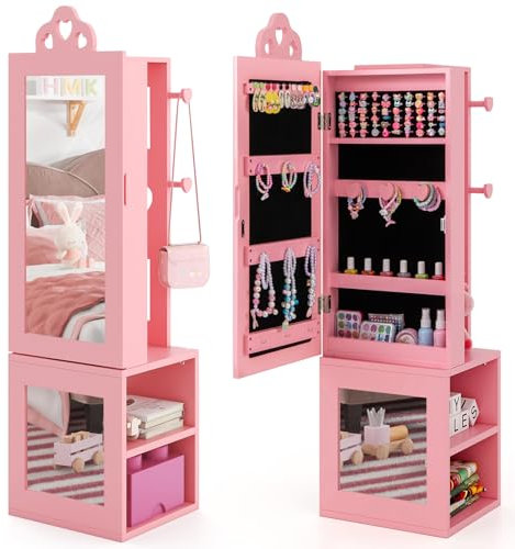 COSTWAY Armadio Portagioie per Bambini, Armadio Porta Abiti 3 in 1 con Specchio a Figura Intera e Appendiabiti, Armadietto Organizzatore per Gioielli con Ganci e Ripiani Dietro per Cameretta (Rosa)