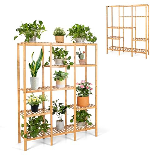 HOMASIS Support Plantes à 5 Niveaux en Bambou Intérieur, Étagère de Rangement pour 12 Plantes en Pot, Présentoir de Plantes Extérieur pour Terrasse, Jardin, Salon, Balcon, 114 x 31 x 141 cm