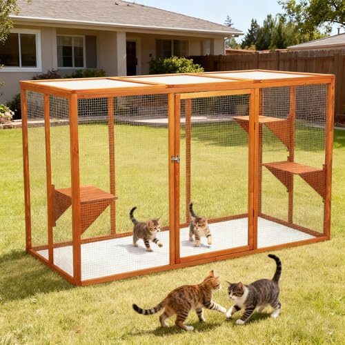Catio Outdoor Cat Enclosure, 180(L) x 80(W) x108(H) cm Cattery Outdoor for Cats House Cage Indoor, Wooden Catio with Lockable Door, 3 Platforms, Weatherproof, Accommodate Up to 5-7 Cats