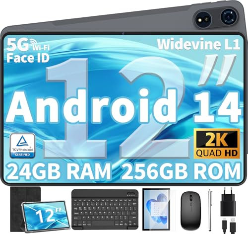 JJGJ Tablet 12 Zoll Android 14 Tablet, 24GB(8+16) RAM+256 Storage(Expand to 1TB), Android Tablet mit Tastatur, Octa-Core, 2K 2000x1200 Display, 16MP Dual Kamera, 8000mAh, 5G WiFi,GPS (Schwarz)