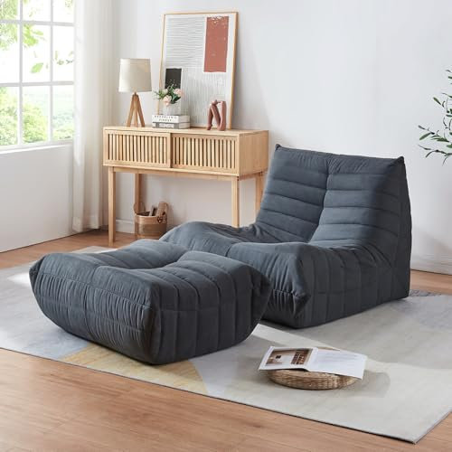 [en.casa] Bodensessel mit Fußhocker Kodsø Mikrofaser Schwarz Bodenstuhl mit Rückenlehne und Sitzhocker Lesesessel mit Pouf Bodensofa gepolstert Sitzsack Ottomane 75 x 90 x 100 cm Relaxsessel