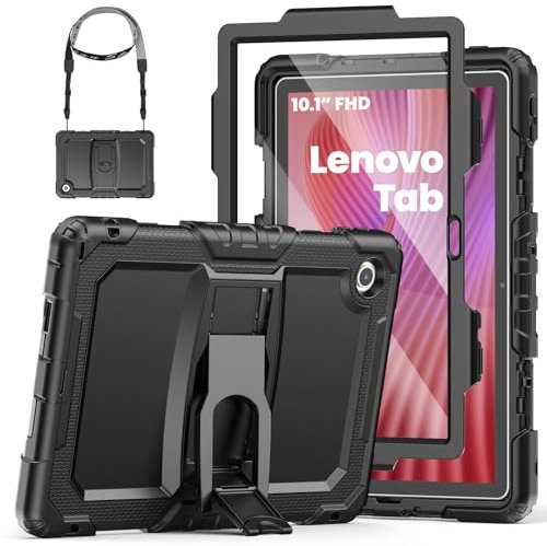 SEYMAC Funda para Lenovo Tab 2025 10.1 Pulgadas (TB-311FU/TB-311XU), Funda para Lenovo Tab 10.1 2025 a Prueba de Golpes con Protector de Pantalla/Soporte Plegable/Correa para el Hombro, Negro
