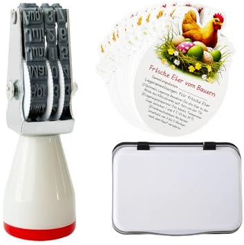 Homvik Eierstempel-Set mit Datumsstempel für Hühnereier, Stempelkissen, Deutsch, Monat-Tag-Format (mit 50 Karten)