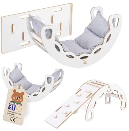 MISIOO Mini Rocker 4in1 Kinderwippe - Indoor Spielplatz Kletterbogen mit Kissen, Inklusive Kletterwand/Rutsche 90x35 cm, Wippe 90x41x50 cm, Bis 40 kg