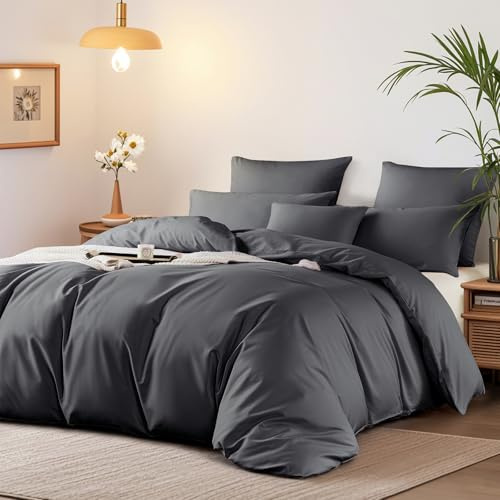Boqingzhu Bettwäsche 200x220 cm Baumwolle Satin Öko-Tex Grau Anthrazit | 100% Langstapelige Baumwolle, Weich, Luxus Bettwäsche-Set mit Reißverschluss, 1x Bettbezug 200x220 + 2x Kissenbezug 80x80