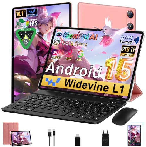 2026 Newest Tablet 10 Pollici Android 15 Gemini AI, 64GB ROM + 2TB TF, Octa-Core, 1280*800 FHD IPS, WiFi,Widevine L1, 5MP+8MP, Bluetooth 5.0, Tablet con Tastiera, Mouse, Custodia Protettiva, Oro Rosa