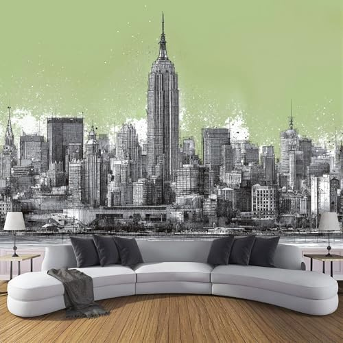 Fototapete 200x140cm Stadtarchitektur Seide Wandtapete Skyline Von New York City Fototapeten XXL Moderne Wanddekoration UV-Beständig für Wohnzimmer Schlafzimmer, Bohnengrün