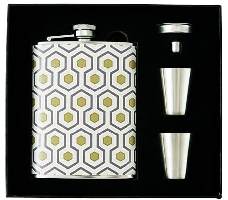Luxuriöses 237 ml Edelstahl-Flachmann-Geschenkset mit 2 Schnapsgläsern und Trichter, lederbedruckter Deckel