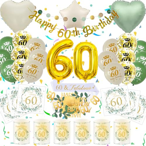 60 Geburtstag Deko Männer Frauen, Grün Gold Zahlenballon 60. Geburtstag Set