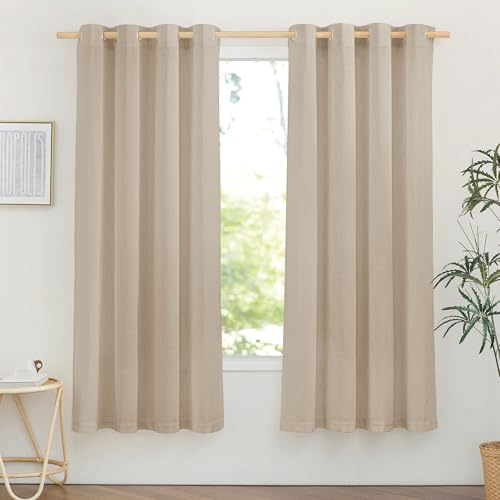 PONY DANCE Kurze Gardinen Halbtransparent Vorhang Leinen Küche/Schlafzimmer | Taupe,2er Set,H160 x B140 cm,Boho Gardinen Leinenoptik mit Ösen,Leinenvorhang Landhaus Badezimmer Fenster,Linen Curtains