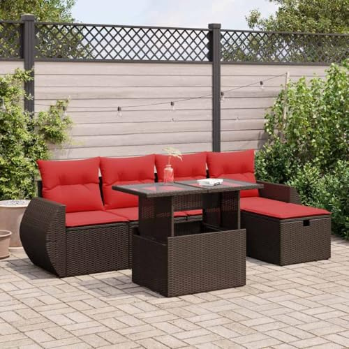 Tonture 6-TLG. Garten-Sofagarnitur, Braun Poly Rattan, mit Kissen, Stauraum, Ecksofa, Hocker, Tisch, für Terrasse, Balkon, Außenbereich