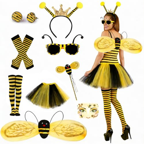 9stk Bienenkostüm Erwachsene Damen,Bienen kostüm damen Haarreif Zauberstab​ Bienen Flügel Tütü Rock Ohrringe Socken Handschuhe Brille Biene karneval Kostüm Damen Zubehör Faschingskostüm Verkleidung