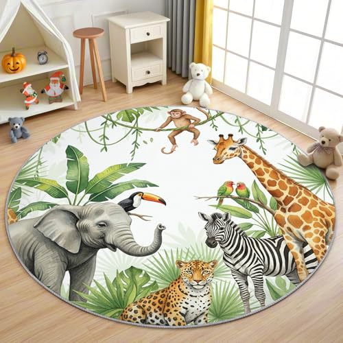 AevuCub Dschungel Tiere Teppich Rund 120cm Kurzflor - Waschbare Teppiche Wohnzimmer Tropische Elefant Giraffe Leopard - Runder Teppich 120 Durchmesser Kinderzimmer - Bettvorleger rutschfest Weich