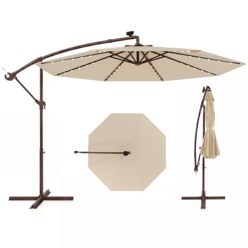 GOPLUS Parasol Déporté 3x3M, Grand Parasol de Jardin Extérieur avec 32 LED Solaires, 8 Baleines, Protection Solaire, Toile Inclinable, Rotatif à 360° pour Balon Patio Terrasse