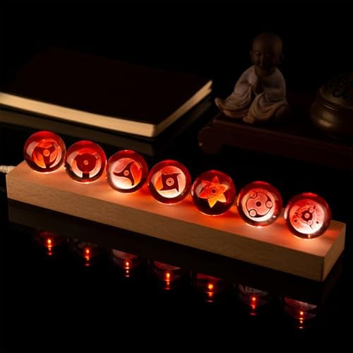 FIYSON 7 Stück Naruto Balls, 3D Sharingan Kristallkugel Nachtlicht, USB 40mm GlasKugel, mit Holzsockel, Naruto Shippuden LED Ball Lampe Anime-Fans Sammlerstücke Geschenk (Stil 5)