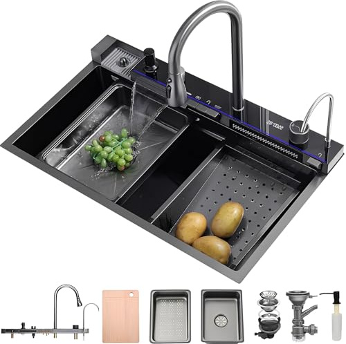 Fregadero de cocina tipo cascada de 90 x 50 cm, 1 cubeta de acero inoxidable negro antracita, grifo integrado, pantalla digital, cesta de drenaje, fregadero interior de repuesto, sifón, accesorio de
