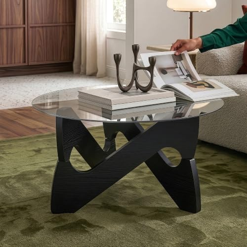 [en.casa] Glastisch Wohnzimmer Reypio Couchtisch Ø70x35 cm Schwarz/Grau | Sofatisch, rund, Glasplatte, Beistelltisch, Wohnzimmertisch, Rauchglas