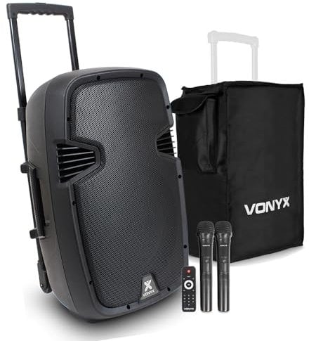 Vonyx SPJ-PA912 12-Inch Portable PA Speaker System 500W with Wireless Microphones, Bluetooth, Rechargeable Battery & Protective Cover