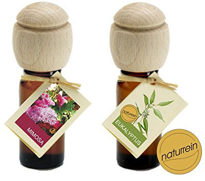 2 Duftöle, Raumdüfte von Traumduft Eukalyptus und Mimosa, zwei Raumdüfte zum Durchatmen und Entspannen. Kappe aus Buchenholz mit Tropfschutzkante ist der praktische Duftträger.