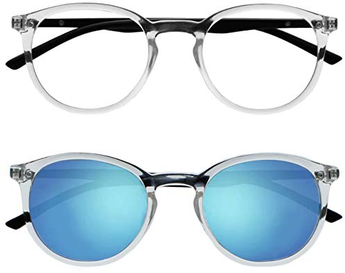OPULIZE Met Doppelpack Lesebrille Mit Sonne Leser Groß Runden Klar Schwarz Herren Damen Federscharniere RS60-C +1,50