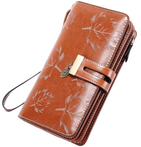 LUROON Damen-Geldbörse, lang, großes Fassungsvermögen, RFID-Blockierung, Echtleder, Geldbörse, Damen, elegant, mit 24 Kartenfächern, braun, 19 x 10 x 3 cm, Einzigartig