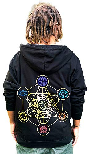 Schwarze Yoga Sweatshirtjacke mit goldenem Metatron Cube und Chakren in Regenbogen Farben und Lotusblüte auf der Brust