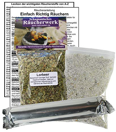 LORBEER Lorbeerblätter zum RÄUCHERN. 14-TLG Räucherset - 60ml Räucherwerk mit Räucherkohle (10x) + Räuchersand + Räucheranleitung + Lexikon der wichtigsten Räucherstoffe A-Z. 82060-X46