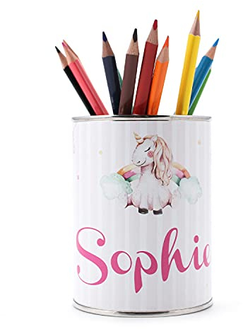 nikima Schönes für Kinder Pot à crayons personnalisé Licorne avec nom - Sans stylos - Pot à crayons - Organiseur de bureau pour fille - Licorne