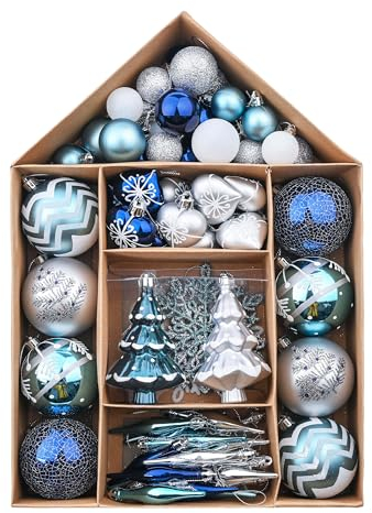 Valery Madelyn Christmas Baubles for Tree Decorations, 70pcs 3-9cm Silver & Blue Christmas Ball Ornaments, House Shape Pack