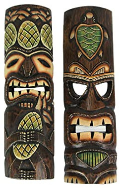 Tiki-Wandmasken aus Holz, handgefertigt, 50,8 cm, 2 Stück, Ananas und Meeresschildkröte