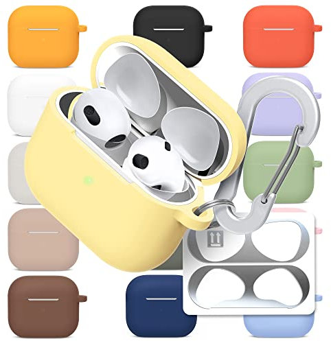 superdivision AirPods 3 & Pro Case Silicon Protective Clear Cover with Anti-Lost Carabiner Keychain Kit Set Dust Guard Dust-Proof Film [Front LED Visible] (AirPods 3, Forsythia)