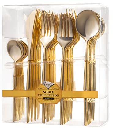 Decor Decorline - Ensemble de couverts réutilisables en plastique robuste - 40 pièces - Chacun avec 16 fourchettes, 8 couteaux, 8 cuillères et 8 cuillères à dessert - Noble Collection - Or brillant