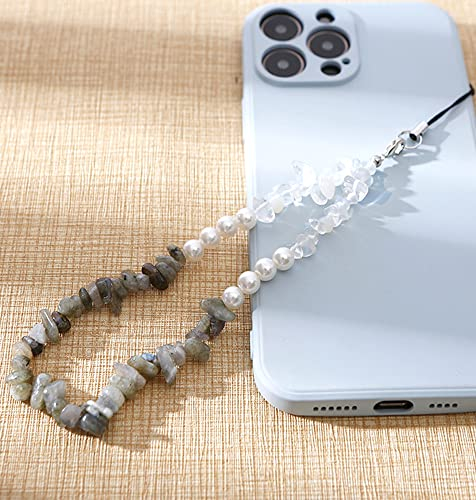 Bunte Natürlicher Kristallstein Kies Perle Handykette,Universal Handy Handschlaufe Handy Charm Handgelenk Handy Lanyard Perlen Kette Telefonkette Handyschmuck Schlüssel Taschen Handy Anhänger,Graugrün