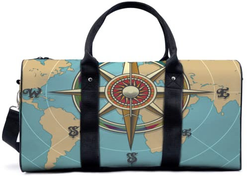 Vintage Kompass und Karte Reisegepäck Seesack mit verstellbarem Riemen, klassisches Muster, Sporttasche, leicht, Segeltuch, Gym Tote Bag für Damen und Herren, multi, L, Reisetasche