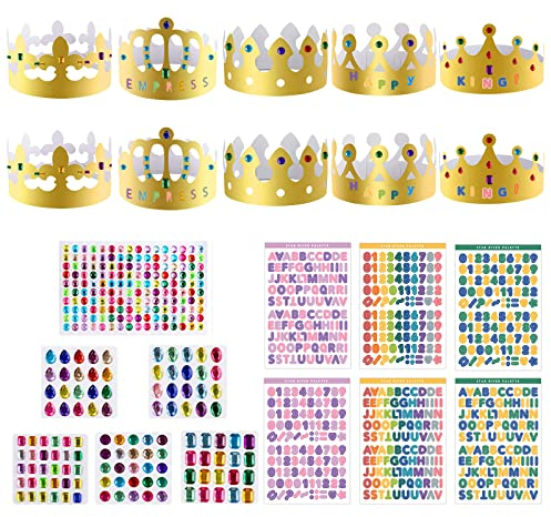 TSHAOUN 10 Stück Papier Krone Partyhüte, 6 Blätter Selbstklebende Strasssticker & 6 Blätter Alphanumerische Aufkleber, DIY Party Kronenhut Set für Prinzessin Königin Prinz Geburtstagsparty